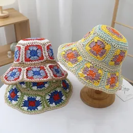 Japan Korea Crochet Beach Sun Hat Women Summer Flowers Pure Hand-Woven Straw Hat Sunshade Fisherman Hat Hateble Bucket Hat 240314