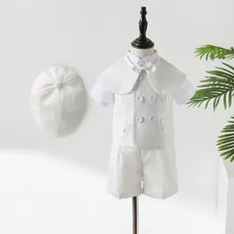 Cnbeiboom Boy Takım Beyaz Elbise Çocuklar İçin 1-4 Yıllık Moda Giyim Seti Şapka Beyefendi Takım Doğum Düğün Kostümü 240304