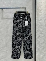 2024 Luxury Designer Single Breasted Pattern Printing Lady Jeans Woman Elegant Retro Style Straight Casual Denim Fashion Pants