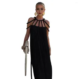 Sukienki swobodne kobiety Sundress pusta bez rękawów bez ramion kantarka szyja plisowana pasek luźna prosta sukienka vestido mujer elegante