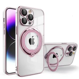 iPhone 14 Pro Max 13 12 11 XR XS X 7 8 Plating Ring Magnetic Transparent Phone Case Case Magsafe 무선 충전 커버 ZZ 용.