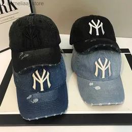 Ball Caps Vintage Männer Denim Baseball Cap 3D Stickerei Loch Jeans Hüte Frauen Mode Distressed Einstellbare Snapback Caps Dad hatY240315