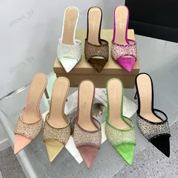 Nya Grossi Rossi Chamois Suede Rhinestone Mules tofflor Sandaler Stiletto High Heels105mm Slip-On Open Toe Women Luxury Designers skor Kvällsstorlek 35-42with Box