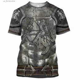 남자 티셔츠 중세기 기사 갑옷 남성 티셔츠 탑 3D 프린트 템플러 기사 코스프레 쇼트 슬브 셔츠 o 목을 대형 시원한 strtwear y240315