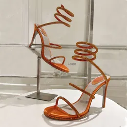 Rene Caovilla Cleo Strass Snake 95 mm Stiletto Sandálias – Mulheres de luxo strass salto alto com envoltório no tornozelo Calçado de noite na caixa original