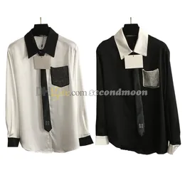 Rhinestone Pocket Shirts Women T Shirt with Tie Designer Long Sleeve Blouses Spring Summer Tee