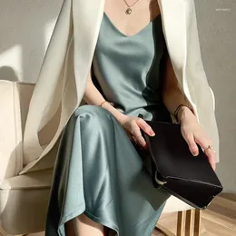 Casual Dresses Women Satin Slip Dress Summer Chic Elegant Long Birthday Party Banquet Wedding Beach V Neck Sundress Robe Vestido