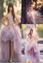 Lovely Luxury Lavender Organza Flower Girls Dresses High Low Lace Appliques Top Ruffles Skirt Girls Pageant Gowns Kids Formal Wear4864362