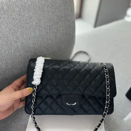 Borse trapuntate CF in pelle di caviale con reticolo di diamanti da donna Borsa a tracolla classica nera con doppia patta SHW Borsa a tracolla da esterno Sacoche multi pochette tasca 25 cm