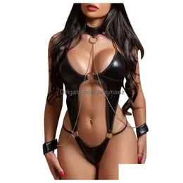 Bras sätter porr svart bondage underkläder kvinnor pu läder sexig frestelse underkläder bodysuit nattdress cosplay costume3000043 drop de dhevq