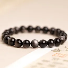 MG1600 Strand 8 mm Äkta silver Sheen Black Obsidian Wrist Mala Armband Högkvalitativ Mens Negative Energy Protection Armband