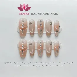 Ручная работа, красивый дизайн ногтей, украшение, накладные ногти с блестками, полное покрытие, искусственный маникюр, носимый оранжевый магазин 240313
