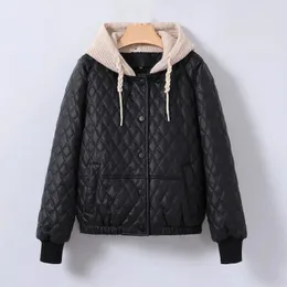 Women's Leather THEME 21 Ladies' Jacket Button Detachable Hood And Quilted Padded Lining For Women 2024 Fashion Trend Top's Coat