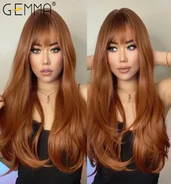 الباروكات الاصطناعية Gemma Red Wig Long Ginger مباشرة للنساء الموجة الطبيعية مع الانفجارات مقاومة للحرارة party4611482