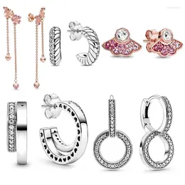 Stud Küpe 925 Sterling Gümüş Pembe Fan İmzası Pave Çift Yılan Zinciri Desen Çember Moda Kristal Kadın Mücevher Hediyesi