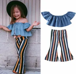 Kleinkind Baby Mädchen Kid Off Shoulder Tops Gestreifte Hosen Sommer Kleidung Outfits Set jpbe8211185