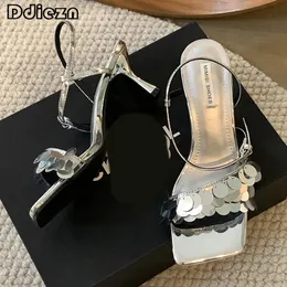 Pumpar bling 902 kvinnor gladiator kvinnliga skor eleganta hög klackar fest mode damer sandaler fyrkantiga tå glider skor 240223 637