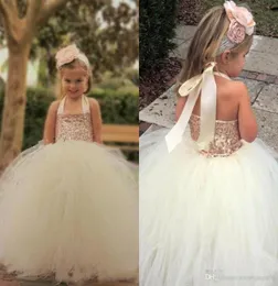 Niedliche elfenbeinfarbene Blumenmädchenkleider 2019 Bling Rose Gold Pailletten Neckholder Tutu bodenlanges Ballkleid Günstige maßgeschneiderte kleine Mädchen Pagea3526872