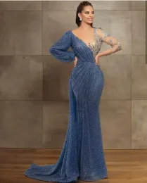 Glitter Blue Mermaid Prom Dresses 2024 Sheer Jewel Neck Beaded Sequins Long Sleeve Evening Dress Sweep Train Custom Made Illusion Robes De