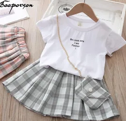 Verão crianças roupas carta camisa xadrez saia com saco bonito meninas roupas conjunto moda coreano criança menina outfits 2103096238993