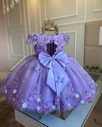 Härliga blomma lila klänningar spetsar applikationer barn formell slitage rygglöst båge knut födelsedag småbarn pageant klänningar flickor klänning vestidos