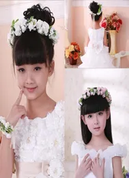 Girls039 Head Pieces Children Girl Flower Headband Bracelet Lovely Floral Garland Wedding Headwear Hair Jewelry Wristband Pink 7181485