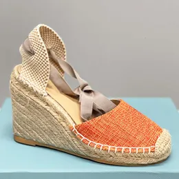 مصمم Womens Wedge Sandals Espadrilles High High Cheels Leather Platform Straw Heels Ongle Lace-Up Summer Fashion Shoes with Box 536