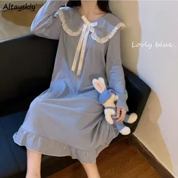 Nightgowns kadın rahat tatlı yaylar katı güzel ev yumuşak pijama kümes kıkırdama tarzı orta yüzlü peter pan yaka gevşek moda bahar 2402228