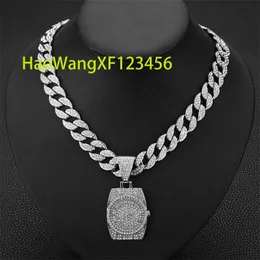 Trend Hip Hop Punk Style Jewelry Bling Iced Out Cuban Chain med Big Watch Pendant Necklace för män