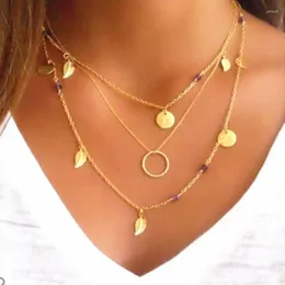 Choker Fashion Gold Color Chain Leaves Multi Layer Necklace Geometric Round For Women Collier Femme Jewelry Gift