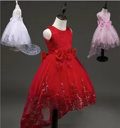 2017Fashion Flower Girl Bridesmaid Dress Children Red Mesh Trailing Butterfly Girls Wedding Dress Kids Ball Gown Embroidered Bow P6221619