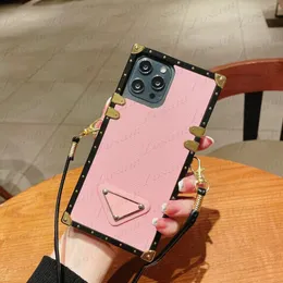 Retro Leather Phone Case for IPhone 15 14 13 12 Mini 11 Pro Max X Xs Xr 8 7 Plus Triangle Letter Designer Fashion Show Shockproof Shoulder Roll Strap Cover