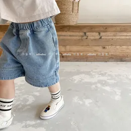 Kid Costume Summer Boy Girl Baby Pockets Solid Retro Mid Jeans Children Cotton Casual Wide Leg Short Pants Infant Trousers 240306