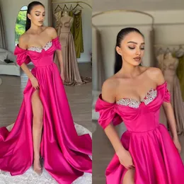 Fashion Rosy Pink Prom Dresses Off Shoulder Beads Collar Evening Gowns Pleats Slit Formal Long Special Occasion Party dress YD