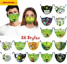 26 Styles Grinch Stole Christmas 3D Print Cos Cotton Face Masks återanvändbar tvättbar dammsäker söt mode Vuxen mask Ornament5449178