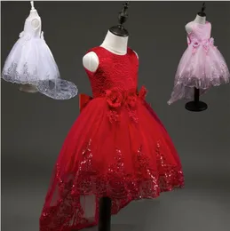 2017Fashion Flower Girl Bridesmaid Dress Children Red Mesh Trailing Butterfly Girls Wedding Dress Kids Ball Gown Embroidered Bow P7247970