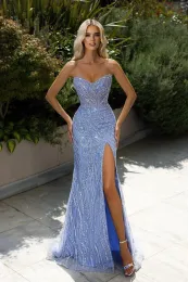 Fabulous Sky Blue Evening Dresses with Split Sexy Mermaid Sweetheart Bling Sequins Beadings Long Arabic Women Party Ocn Gowns Prom Dress BC16136