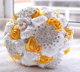 Silk Rose Bridal Bouquet Wedding Accessories Brooch Crystal Pearl HandMade Wedding Bouquet Holding Flowers White and yellow3113838