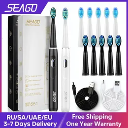 Elektrische Zahnbürste von SEAGO, wiederaufladbar, 2 Stück kaufen, 50 % Rabatt auf Schallzahnbürste, 4-Modus-Reisezahnbürste mit 3 Bürstenköpfen, Geschenk 240301