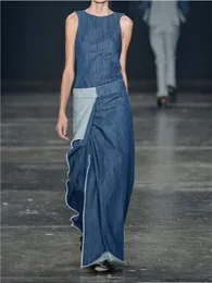 Mode Denim Kleid Frau Unregelmäßige Lange Kleider Ärmellose Maxi Kleider für Frauen 2023 Casual Plain Gespleißt 240313