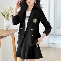 Two Piece Dress QOERLIN 4XL Preppy Style Suit Jacket Women Pleated Skirt Two-Piece Skirts Sets Casual 2 Outfits Double-Breasted Blazer