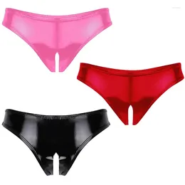 Women's Panties Sexy Wet Look Crotchless T-back Thongs Women PU Leather Cutout Briefs Underwear Females Open BuLow Waist