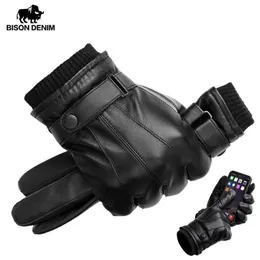 BISON DENIM Men's Genuine Leather Gloves Touch Screen Gloves for Men Winter Warm Mittens Full Finger handschuhe Plus Velvet S2935