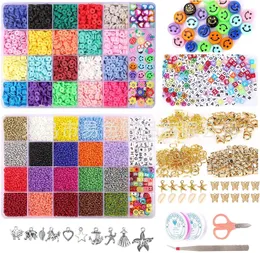 Kit per creare braccialetti in argilla fai-da-te Perline di riso Argilla polimerica Faccina sorridente Alfabeto Stringa di perline Fatta a mano Collana artigianale Anello Gioielli per donne Ragazze Bambini Regalo di Natale