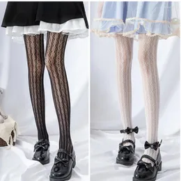 Women Socks Japanese Lolita Lace Vertical Stripe Mesh Stockings Hollow Out Small Flower Bottomed Pantyhose Kawaii Cosplay Vintage