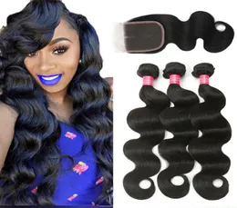 Mink Brazilian Virgin Hair مع إغلاق 3 حزم تجميد برازيلي موجة الشعر مع إغلاق الدانتيل 4 × 4 غير مجبر نسج الإنسان الحقيقي 8675256