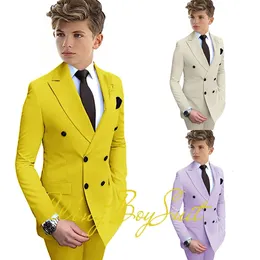 Amarelo meninos terno duplo breasted jaqueta calças 2 peça conjunto estilo de negócios formal casamento smoking tamanho personalizado blazer crianças 240304