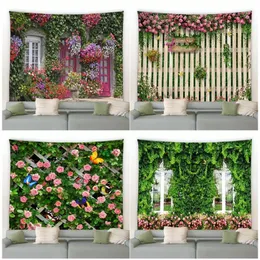 春の蝶の花タペストリーレトロ木製フェンスネイチャーピンクローズ植物花壁壁吊り庭の家の装飾シーン布240304