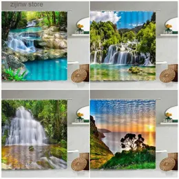 Duschvorhänge, Wasserfall-Landschaft, Duschvorhänge, Frühling, Wald, Berge, Dämmerung, Ozean, Natur, Landschaft, Badvorhang, Stoff, für Zuhause, Badezimmer, Dekor-Set Y240316