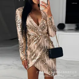 Casual Dresses Ruched Plunge Long Sleeve Sequin Dress Women Sexy High Waist Cross Hollow Out Party Prom Summer Evening Night Vestidos